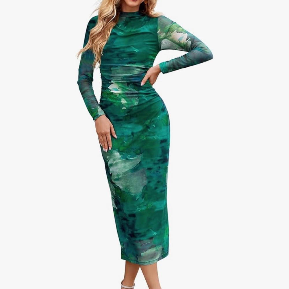 MEROKEETY Women's Long Sleeve Tie Dye Dress Bodycon Mock Neck Mesh Ruched